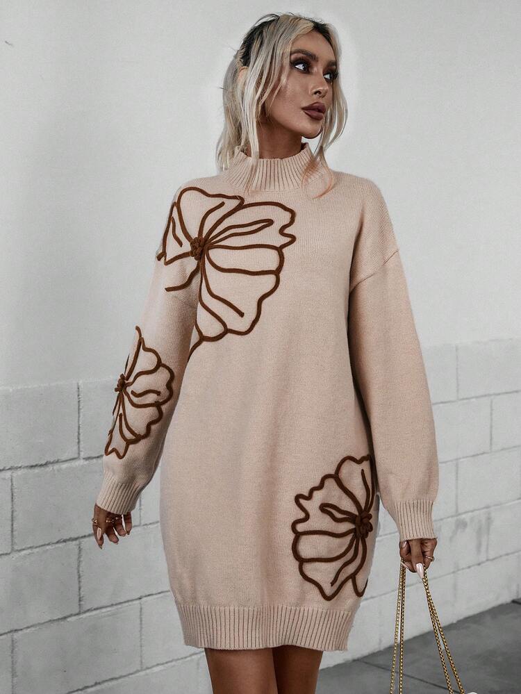 SHEIN LUNE Floral Pattern Mock Neck Drop Shoulder Sweater Dress - Apricot - View 5
