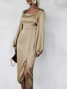 SHEIN Clasi Square Neck Lantern Sleeve Split Thigh Satin Dress - Khaki - View 5