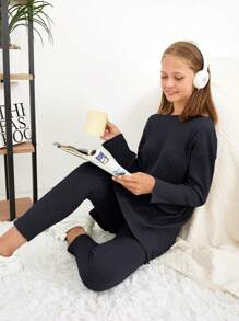 RueChic Teen Girls Solid Split Hem Tee & Leggings - Dark Grey - View 5