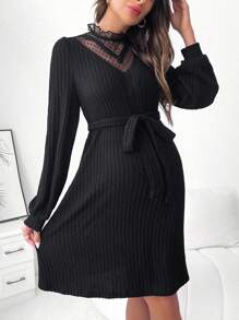 SHEIN Thai sản Lưới tương phản Cổ giả Váy có thắt lưng - màu đen - Xem 5