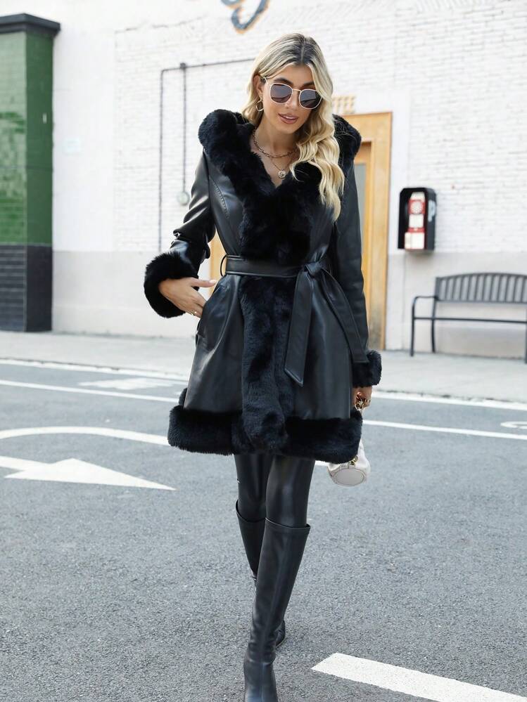 Chaqueta de mujer de piel sintética de Giolshon con forro de piel sintética, capucha y cinturón - Moda minimalista, adecuada para otoño/invierno, elegante en negro - Negro - Añade 6