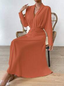 Chiquease 纯色褶皱前 A 字形长款女装 - 藕粉色 - 查看 3