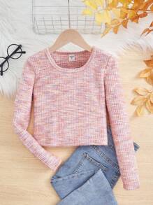 Camiseta Casual De Manga Longa De Malha Esportiva Com Gola Redonda Para Meninas Tweens