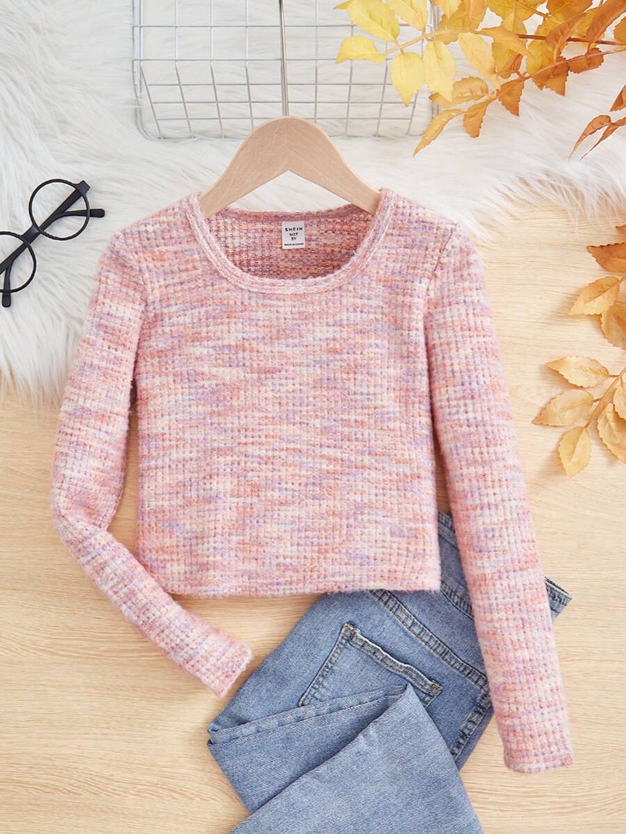 Camiseta Casual De Manga Longa De Malha Esportiva Com Gola Redonda Para Meninas Tweens
