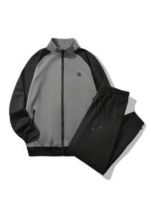 Manfinity Homme 男式图形拼色插肩袖夹克和运动裤运动服，男士运动服，男士两件套，男士慢跑服，男士休闲两件套，秋季服装