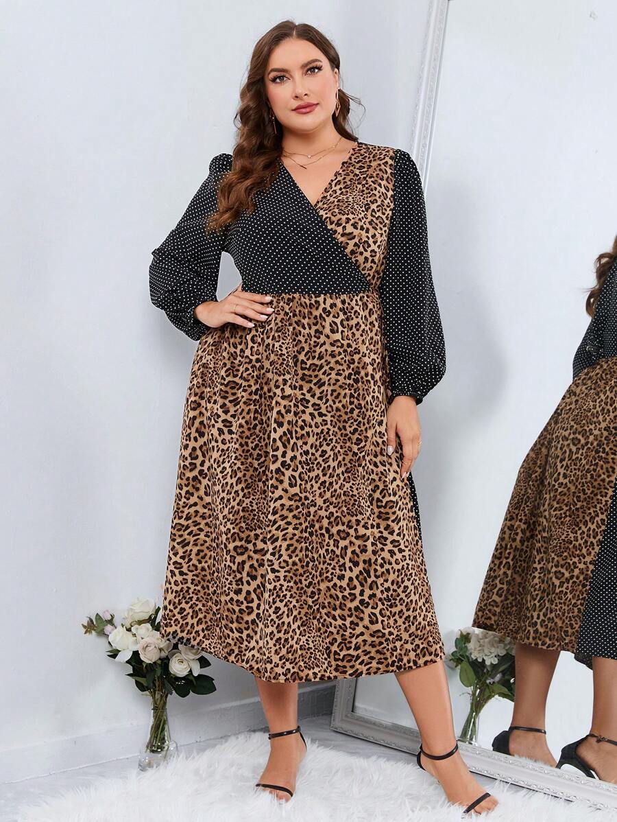 SHEIN Clasi Plus Leopard Print Surplice Neck Lantern Sleeve Dress - Multicolor - View 1