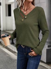 SHEIN LUNE Button Detail V Neck Tee - Army Green - View 5