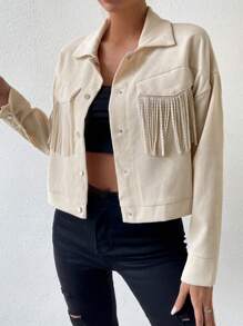 Chiquease Chaqueta corta con hombros caídos y bolsillo con solapa y ribete de flecos - Beis - Ver 6