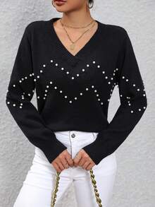 SHEIN Essnce 珍珠珠飾落肩毛衣 - 黑色 - 查看 6