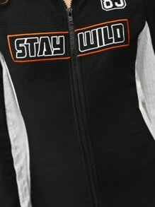 Teen Girl 1pc Letter Embroidery Zip Up Contrast Side Seam Dress - Black and White - View 4