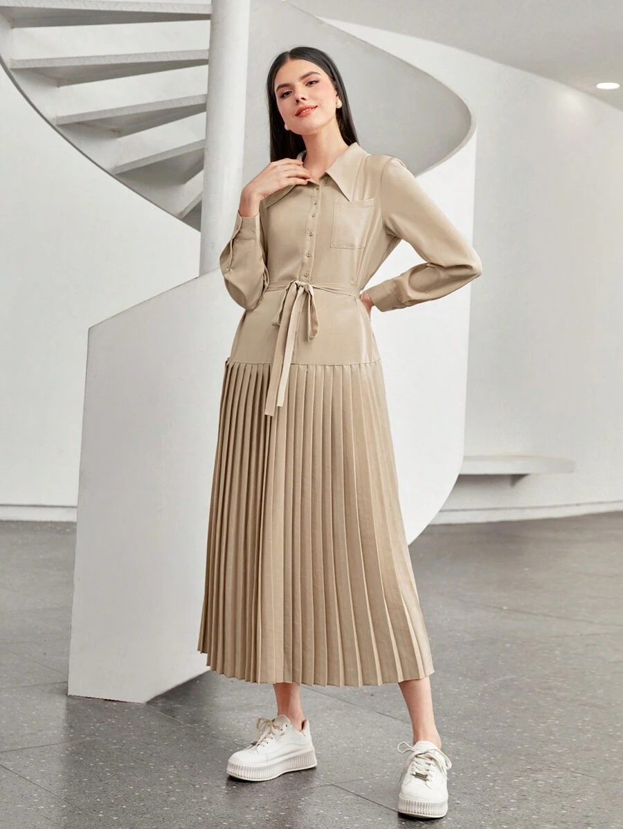Mulvari Pleated Hem Belted Shirt Dress - Khaki - View 1