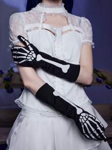ROMWE Goth 1pair Women Skeleton Hand Print Long Fingerless Gloves - Black and White - View 2