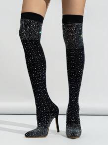 Women's Nightclub Pointed Toe Over-the-knee Boots With Elastic Sock And Sparkling Rhinestone, Fashionable