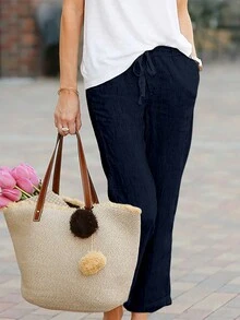 Pantaloni casual alla moda monocolore elastico in vita con coulisse, tasche - Blu Navy - Visualizzare 3