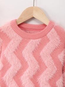 SHEIN Tween Girl Chevron Pattern Fuzzy Knit Sweater - Pink - View 4