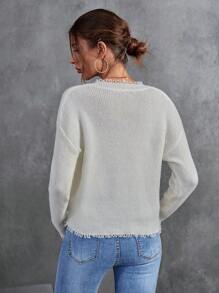 SHEIN LUNE Drop Shoulder Distressed Trim Sweater