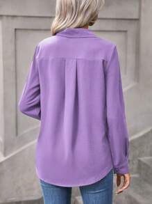 EMERY ROSE Women Solid Color Daily Wear Button Front Shirt Fall Cloth For Women - Purple - View 2