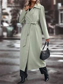 SHEIN LUNE Lapel Neck Slant Pocket Belted Trench Coat - Mint Green - View 3