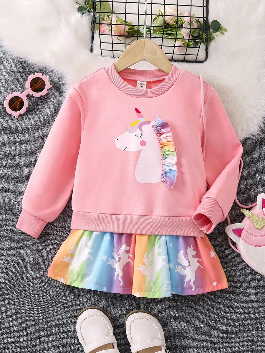 SHEIN 女小童獨角獸印花邊緣拼接衛衣洋裝 - 粉色 - 查看 1