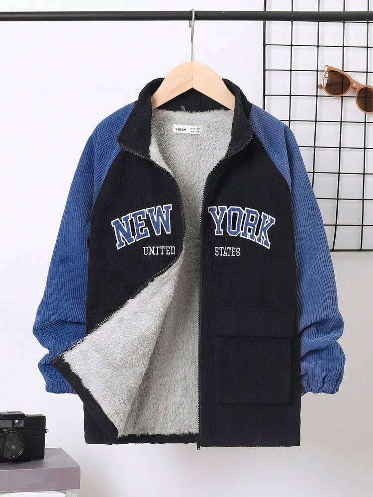Tween Boy Letter Embroidered Colorblock Raglan Sleeve Thermal Lined Coat