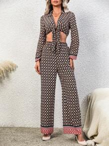 Chiquease Top crop con estampado con nudo delantero & Pantalones de pierna ancha - Negro - Ver 5