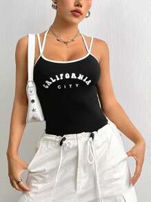 SHEIN Unity 字母圖案撞色鑲邊吊帶連體衣 - 黑與白 - 查看 6