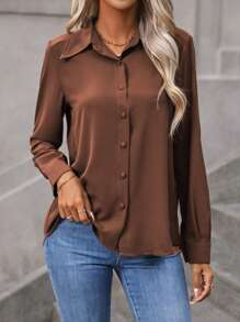 EMERY ROSE 纯色纽扣前襟衬衫、长袖上衣 - 咖啡棕 - 查看 6