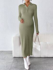 SHEIN Maternity Ribbed Knit Polo Neck Bodycon Dress - Green - View 5