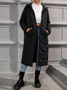 SHEIN Essnce Abrigo acolchado con capucha largo - Negro - Ver 3