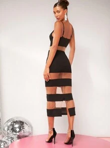 Hauture Contrast Sheer Mesh Panel Bodycon Cami Dress - Black - View 2
