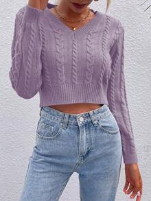 SHEIN LUNE Chất rắn Xoắn Dan Áo len Crop - Màu tím hoa cà - Xem 4