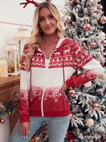 Calvaya Christmas Print Zip Up Drawstring Hoodie