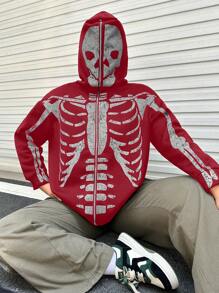 SHEIN EZwear Áo nỉ tay dài có khóa kéo in hình bộ xương, cỡ lớn, vai rớt - Đỏ - Xem 5