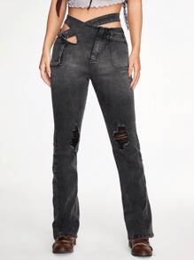 SHEINNeu Cut Out Waist Ripped Flare Leg Jeans - Black - View 5