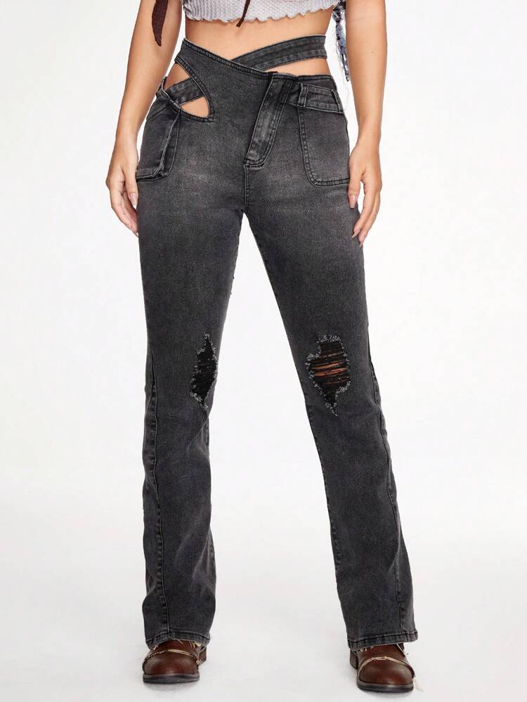 Cut Out Waist Ripped Flare Leg Jeans