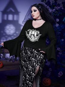 Corpse Bride | ROMWE Plus Cartoon Graphic Flounce Sleeve Tee - Black - View 1