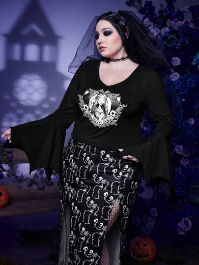 Corpse Bride | ROMWE Plus Cartoon Graphic Flounce Sleeve Tee
