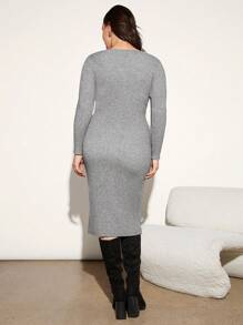 SHEIN BASICS Plus Button Through Ribbed Knit Sweater Dress - Dark Grey - View 2