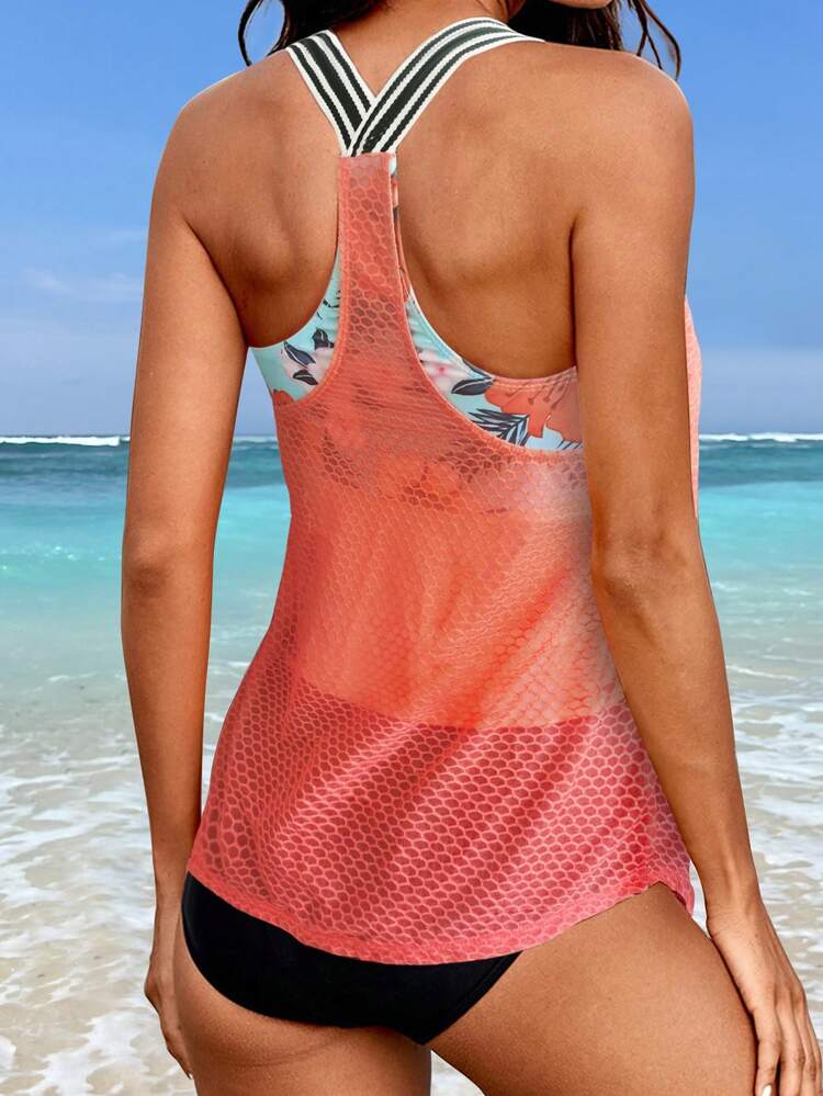 Summer Floral Print Contrast Mesh Tankini
