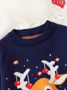 Young Boy Christmas Elk Pattern Sweater - Navy Blue - View 4