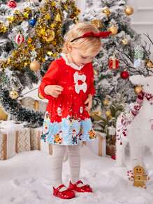Baby Girl Christmas Print Contrast Lace Trim Dress - Red - View 3