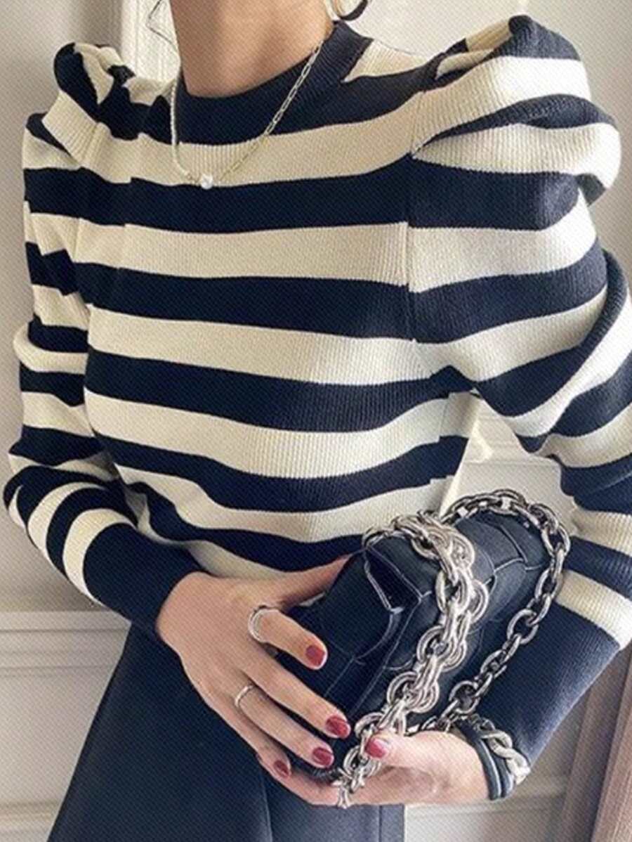 DAZY Áo len tay dài họa tiết sọc, áo thu tay dài - Màu be - Xem 1