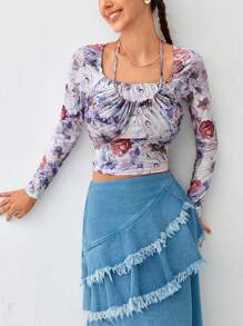 Soleia Camiseta corta con estampado floral y lazo en la espalda