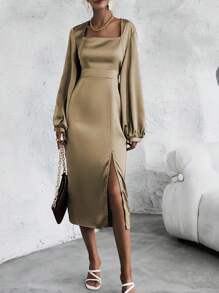 SHEIN Clasi Square Neck Lantern Sleeve Split Thigh Satin Dress - Khaki - View 4