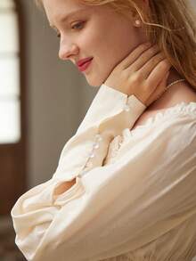 Simple Retro Blusa con dobladillo con volantes y ribete de volantes con busto fruncido y cuello cuadrado - Albaricoque - Ver 3