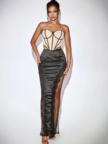 撞色蕾絲開衩大腿裙 - 黑色 - 查看 4