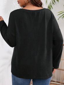 SHEIN EZwear 大碼素色V領落肩T恤 - 黑色 - 查看 2