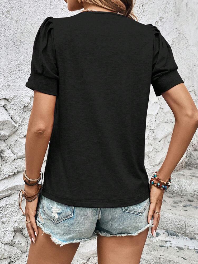 Women's Casual Solid Color Puff Sleeve T-Shirt, Versatile For Summer,Casual