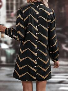 SHEIN LUNE Print Button Back Shirt Dress - Black - View 5