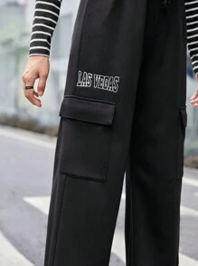 青少年女孩刺繡字母圖案翻蓋口袋側抽繩腰運動褲 - 黑色 - 查看 5